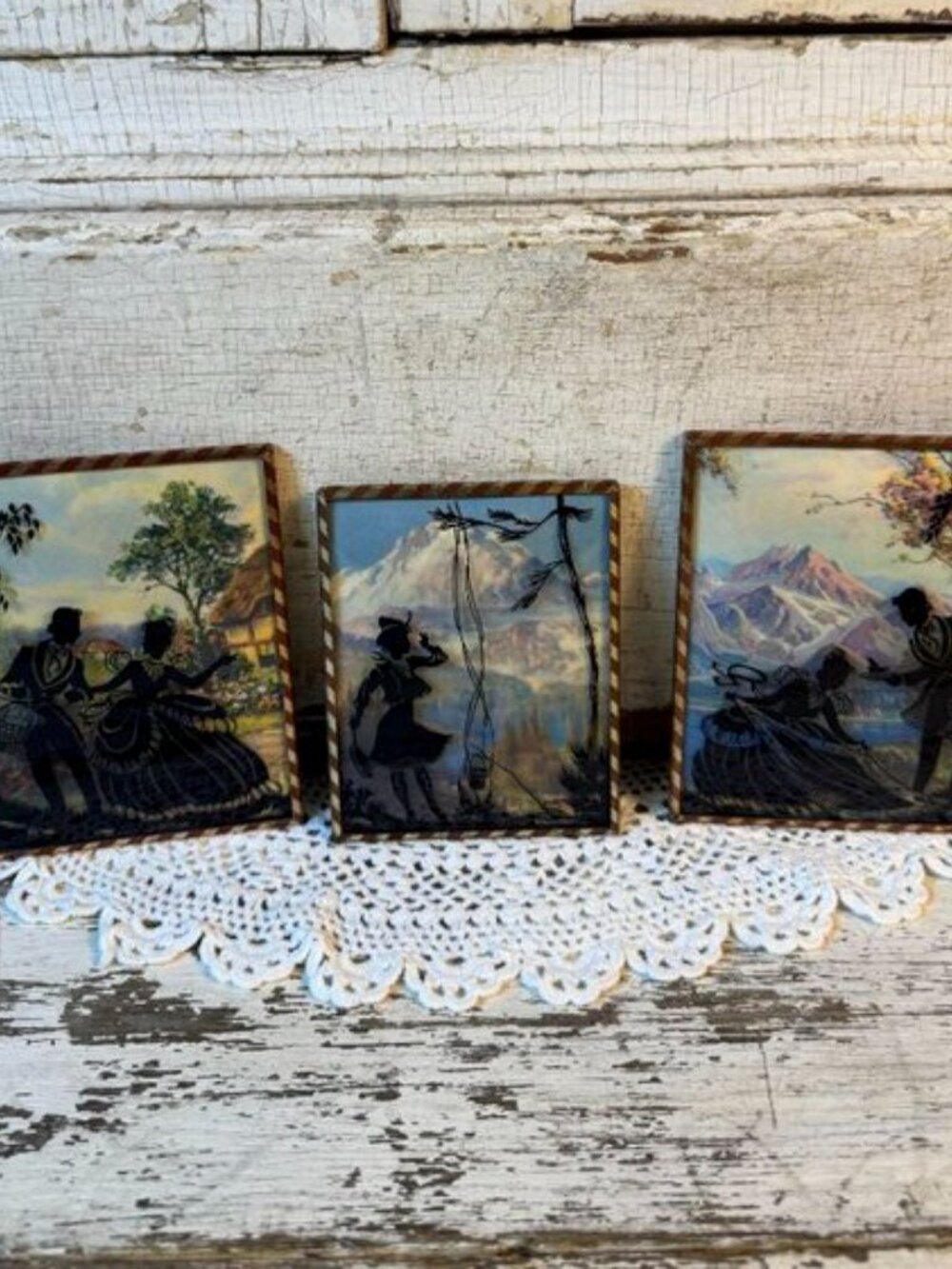 Vintage Reverse Painted Glass Silhouette Art Set of 3 Framed Wall Decor